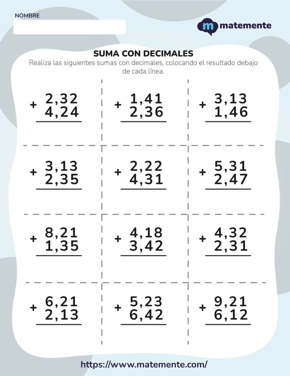 Suma Y Resta De Decimales Ejercicios Para Imprimir